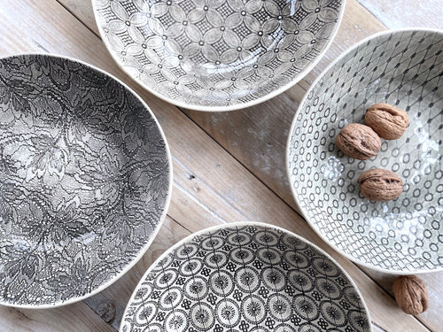 Shallow Pasta Bowl - Charcoal Patterned